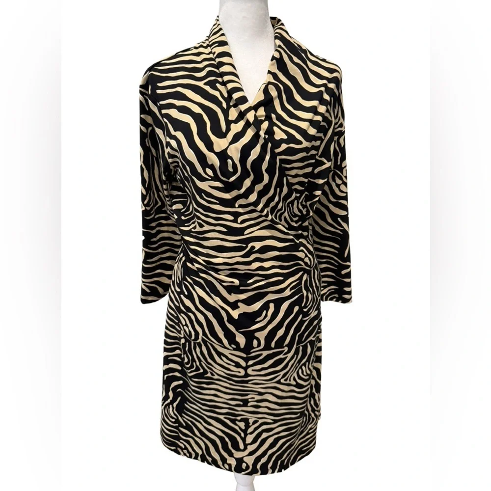 J. McLaughlin Zebra-Print V-Neck Wrap Catalina Cloth Dress in Black and Cream. M